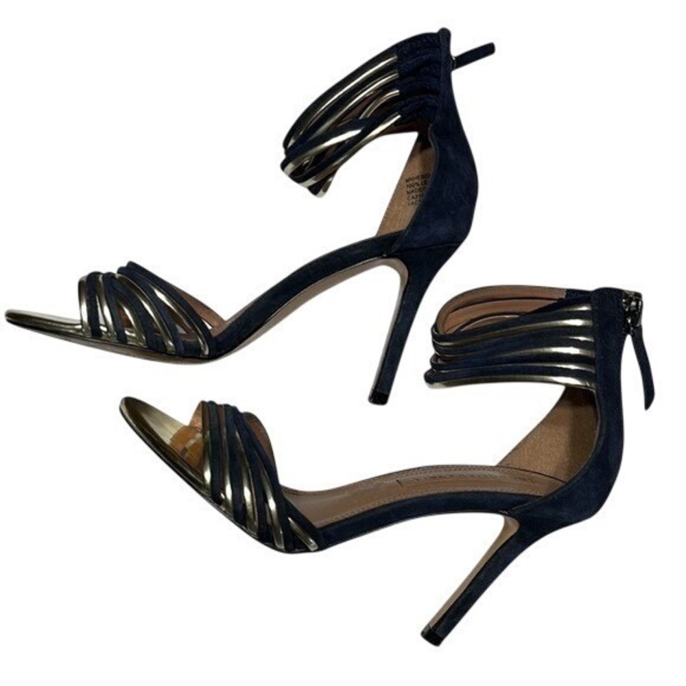 BCBGMAXAZRIA Sandals Women Size 5 Navy Gold Strappy Caged Stiletto Leather Suede